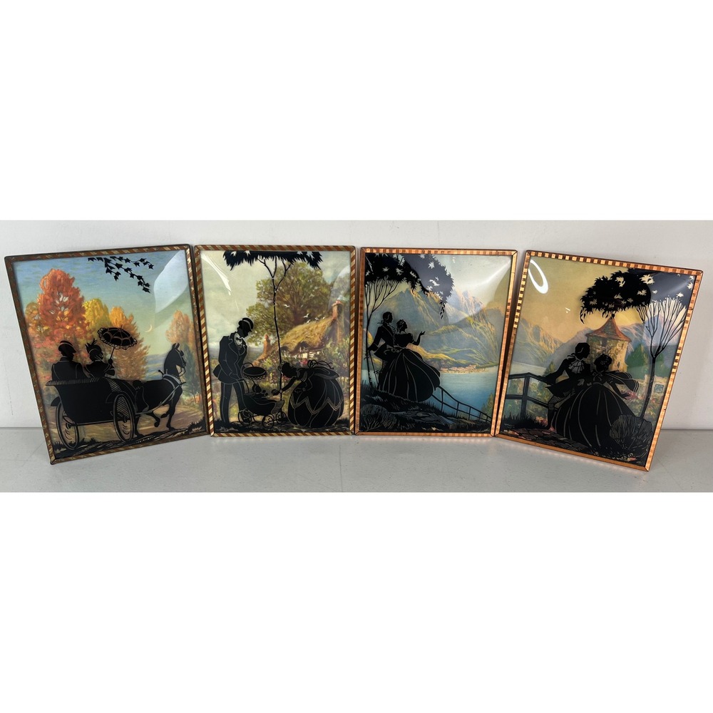 Vintage Set of 4 Black Silhouette Reverse Painted Bubble Convex Glass Pictures